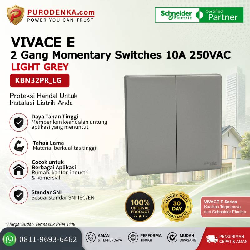 SCHNEIDER Vivace E 2 Gang Momentary Switches 10A 250VAC Light Grey KBN32PR_LG