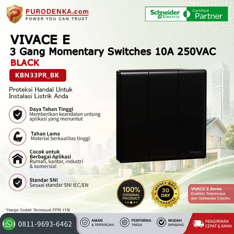 SCHNEIDER Vivace E 3 Gang Momentary Switches 10A 250VAC Black KBN33PR_BK