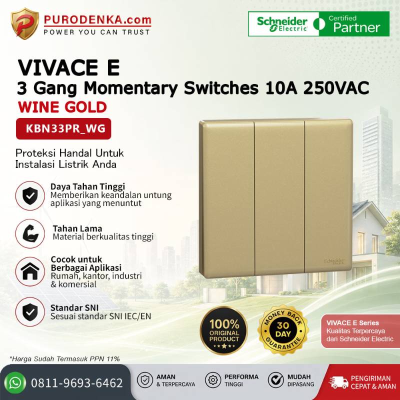 SCHNEIDER Vivace E 3 Gang Momentary Switches 10A 250VAC Wine Gold KBN33PR_WG