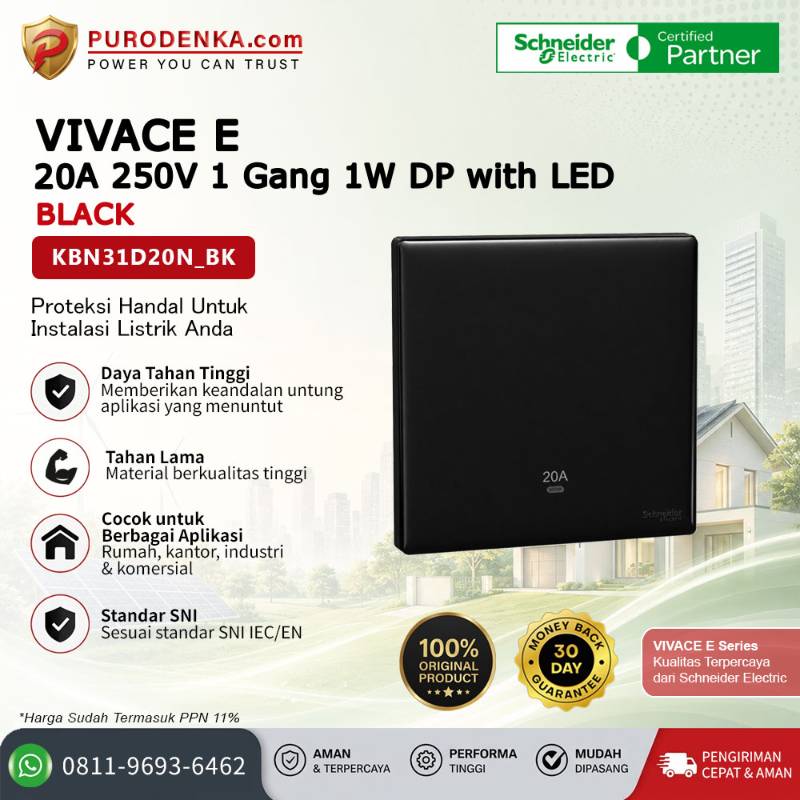 SCHNEIDER Vivace E Sakelar 20A 250V 1 Gang 1W DP with LED Black KBN31D20N_BK