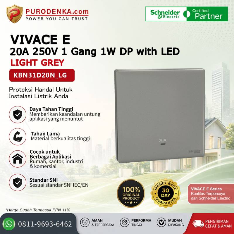 SCHNEIDER Vivace E Sakelar 20A 250V 1 Gang 1W DP with LED Light Grey KBN31D20N_LG