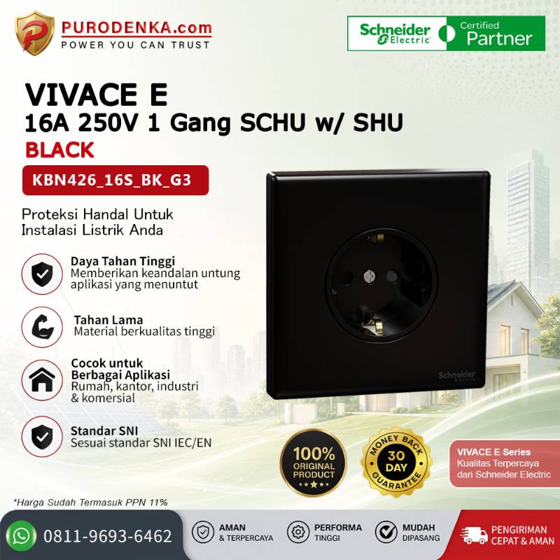 SCHNEIDER Vivace E Stopkontak 16A 250V 1 Gang SCHU w/ SHU Black KBN426_16S_BK_G3