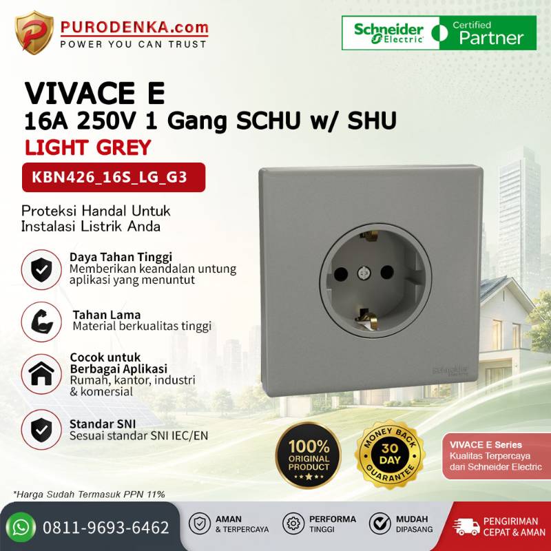 SCHNEIDER Vivace E Stopkontak 16A 250V 1 Gang SCHU w/ SHU Light Grey KBN426_16S_LG_G3