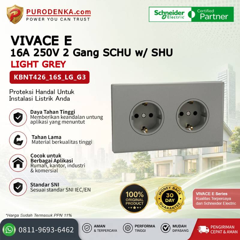 SCHNEIDER Vivace E Stopkontak 16A 250V 2 Gang SCHU w/ SHU Light Grey KBNT426_16S_LG_G3