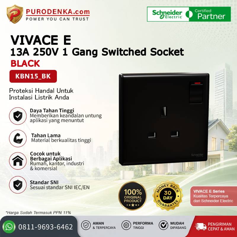 SCHNEIDER Vivace E Stopkontak 13A 250V 1 Gang Switched Socket Black KBN15_BK