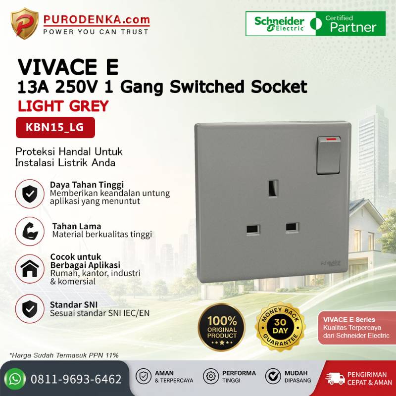 SCHNEIDER Vivace E Stopkontak 13A 250V 1 Gang Switched Socket Light Grey KBN15_LG