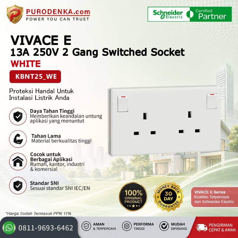 SCHNEIDER Vivace E Stopkontak 13A 250V 2 Gang Switched Socket White KBNT25_WE