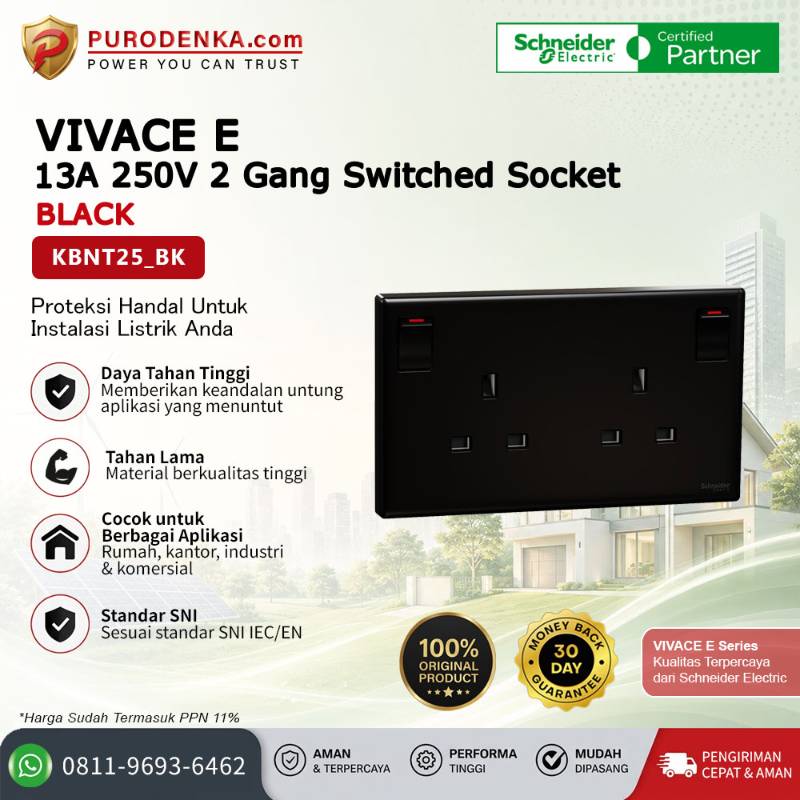 SCHNEIDER Vivace E Stopkontak 13A 250V 2 Gang Switched Socket Black KBNT25_BK