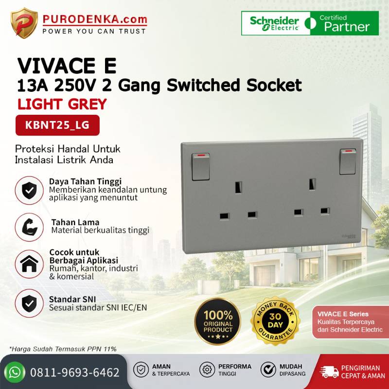 SCHNEIDER Vivace E Stopkontak 13A 250V 2 Gang Switched Socket Light Grey KBNT25_LG