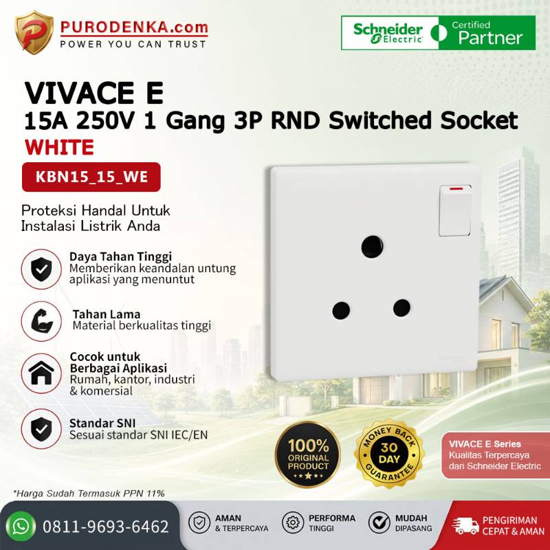 SCHNEIDER Vivace E Stopkontak 15A 250V 1 Gang 3P RND Switched Socket White KBN15_15_WE