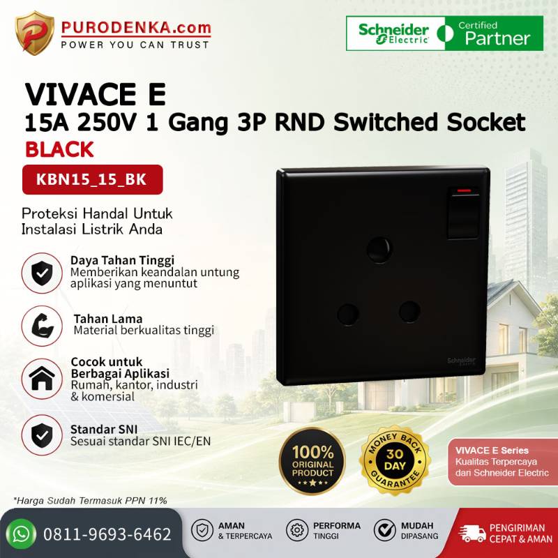 SCHNEIDER Vivace E Stopkontak 15A 250V 1 Gang 3P RND Switched Socket Black KBN15_15_BK