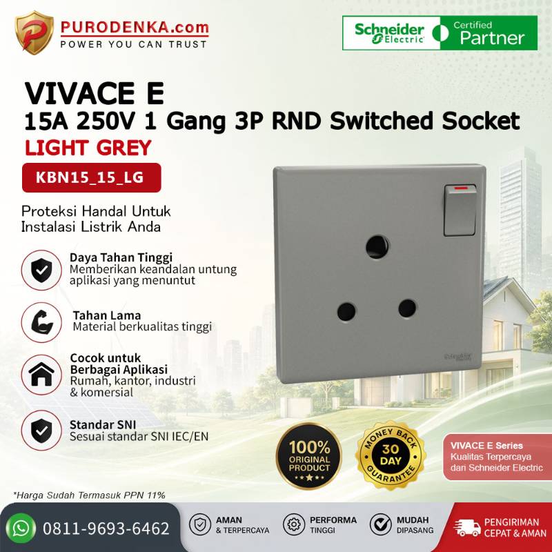 SCHNEIDER Vivace E Stopkontak 15A 250V 1 Gang 3P RND Switched Socket Light Grey KBN15_15_LG