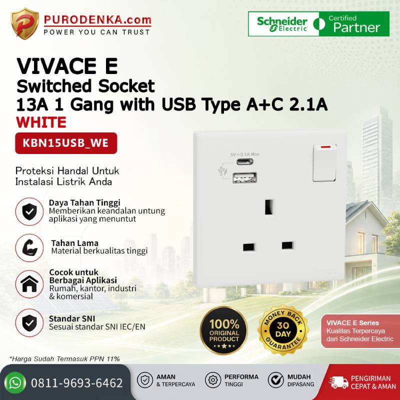 SCHNEIDER Vivace E Stopkontak 13A 1 Gang Switched Socket with USB Type A+C 2.1A White KBN15USB_WE