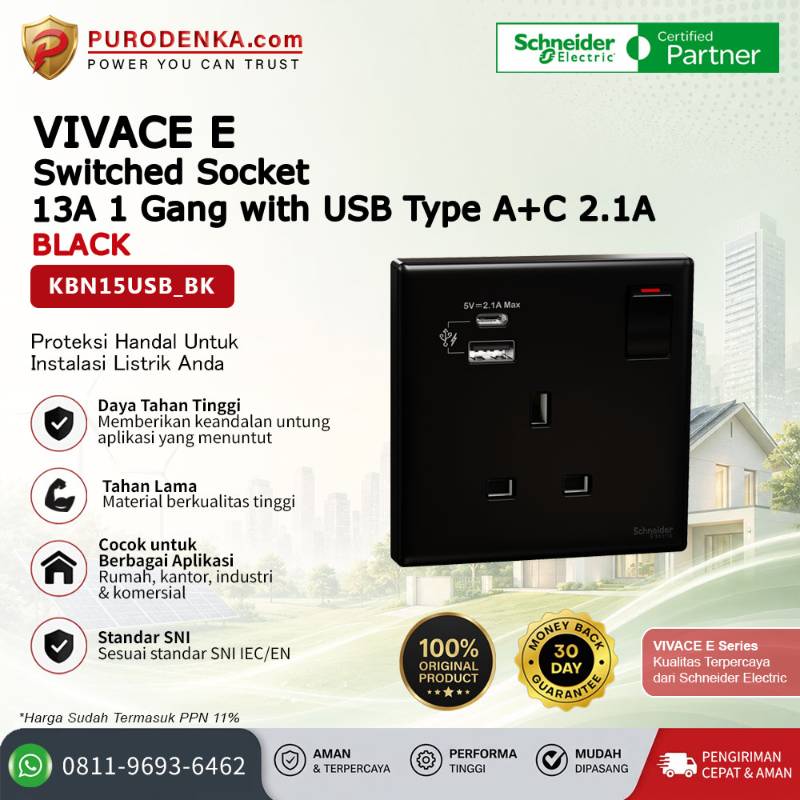 SCHNEIDER Vivace E Stopkontak 13A 1 Gang Switched Socket with USB Type A+C 2.1A Black KBN15USB_BK