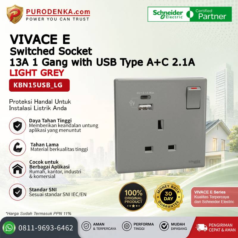 SCHNEIDER Vivace E Stopkontak 13A 1 Gang Switched Socket with USB Type A+C 2.1A Light Grey KBN15USB_LG