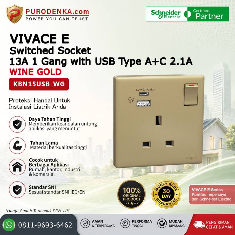 SCHNEIDER Vivace E Stopkontak 13A 1 Gang Switched Socket with USB Type A+C 2.1A Wine Gold KBN15USB_WG