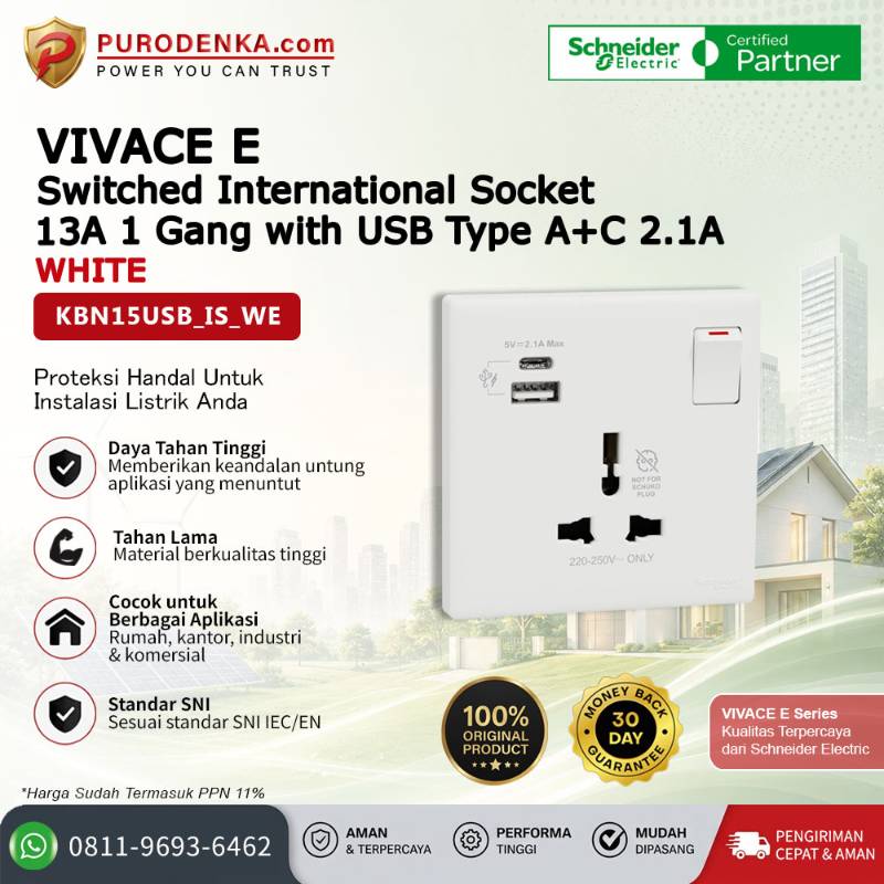 SCHNEIDER Vivace E Switched International Socket 13A 1 Gang with USB Type A+C 2.1A White KBN15USB_IS_WE