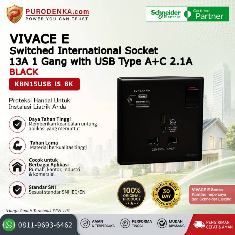 SCHNEIDER Vivace E Switched International Socket 13A 1 Gang with USB Type A+C 2.1A Black KBN15USB_IS_BK