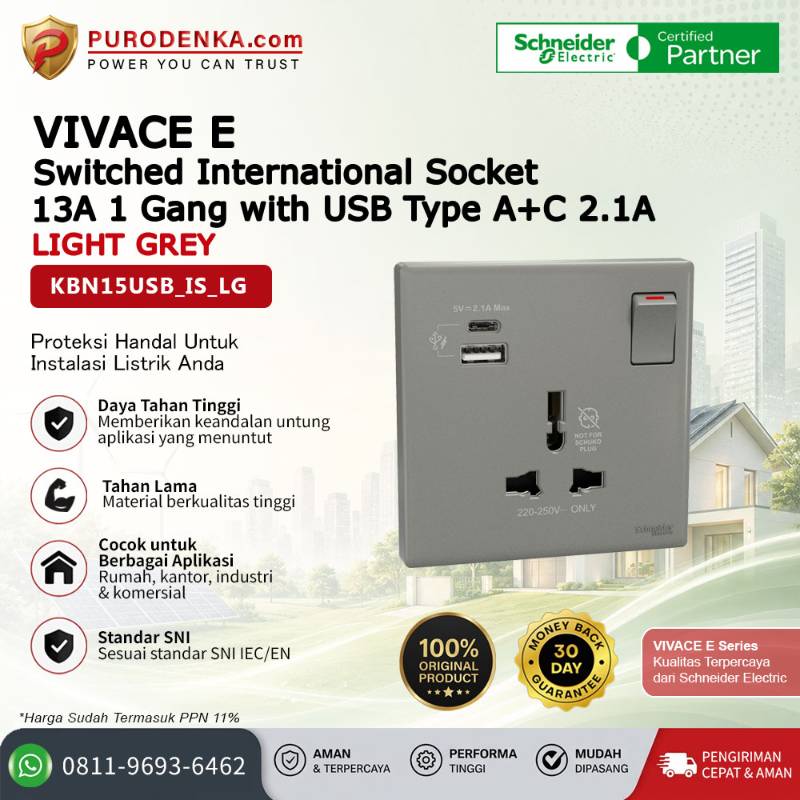 SCHNEIDER Vivace E Switched International Socket 13A 1 Gang with USB Type A+C 2.1A Light Grey KBN15USB_IS_LG