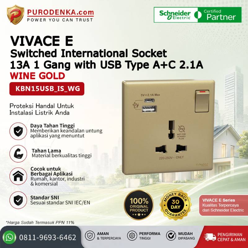 SCHNEIDER Vivace E Switched International Socket 13A 1 Gang with USB Type A+C 2.1A Wine Gold KBN15USB_IS_WG