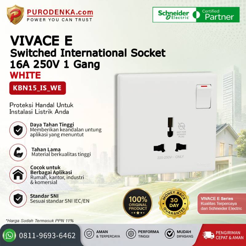 SCHNEIDER Vivace E Stopkontak 16A 250V 1 Gang Switched International Socket White KBN15_IS_WE