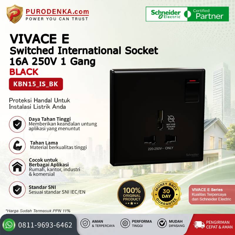 SCHNEIDER Vivace E Stopkontak 16A 250V 1 Gang Switched International Socket Black KBN15_IS_BK