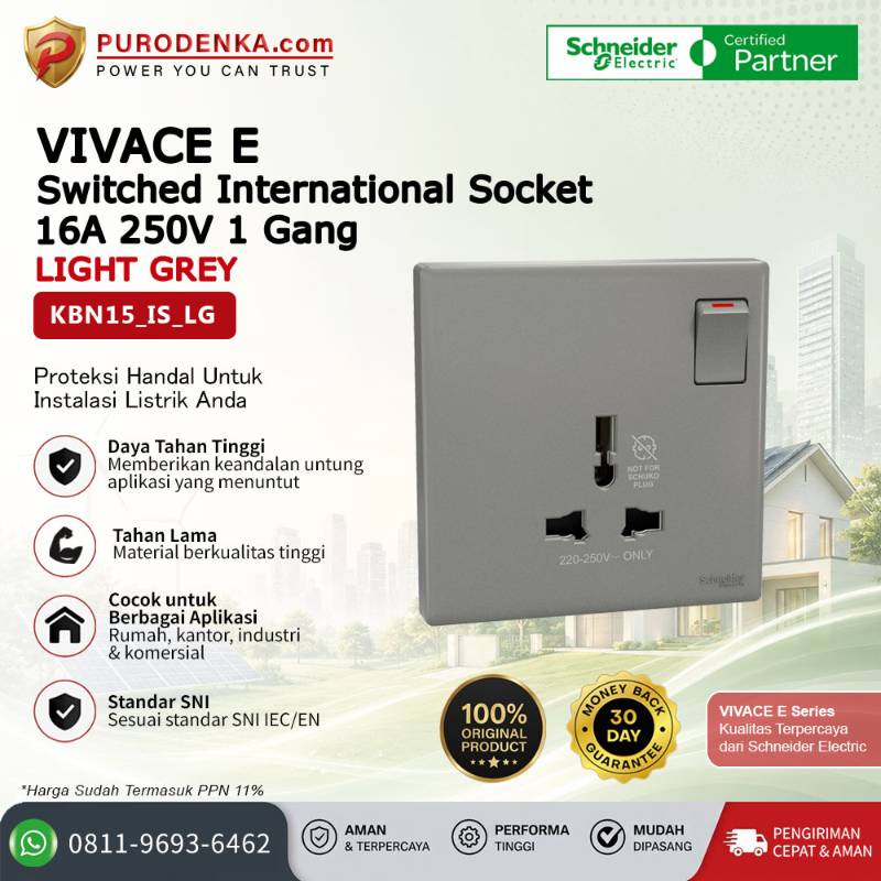 SCHNEIDER Vivace E Stopkontak 16A 250V 1 Gang Switched International Socket Light Grey KBN15_IS_LG
