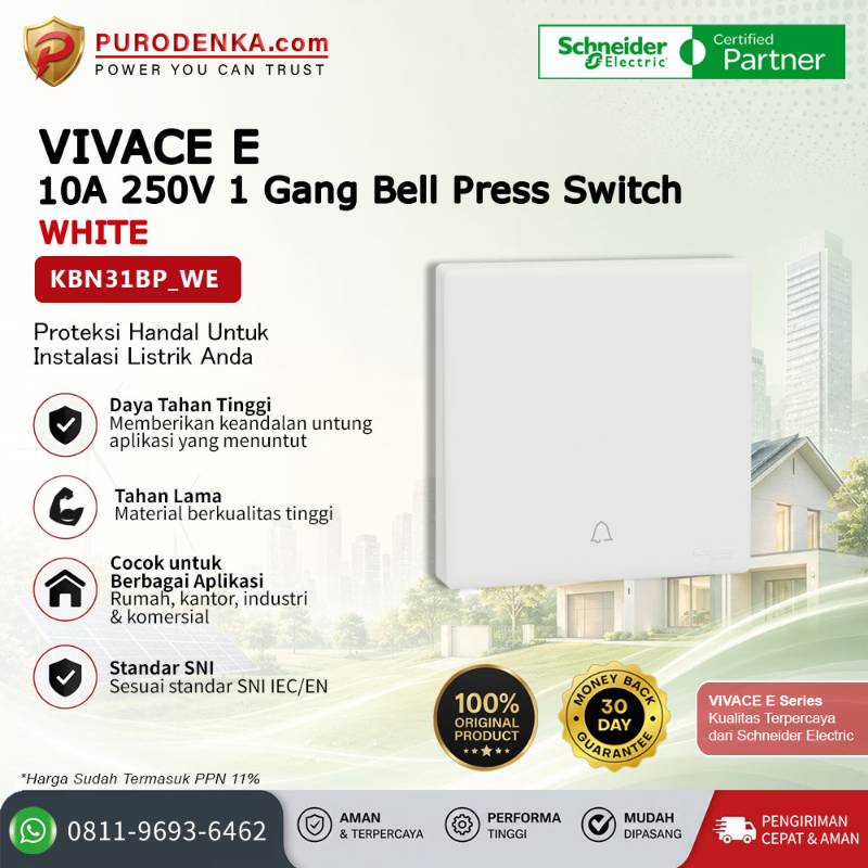 SCHNEIDER Vivace E 10A 250V 1 Gang Bell Press Switch White KBN31BP_WE