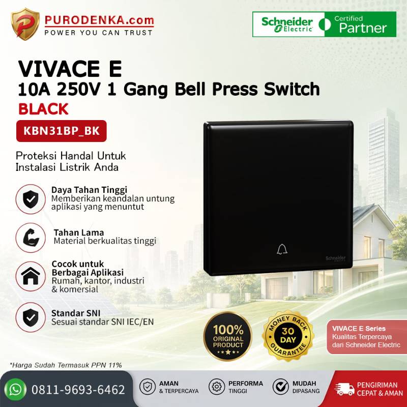 SCHNEIDER Vivace E 10A 250V 1 Gang Bell Press Switch Black KBN31BP_BK