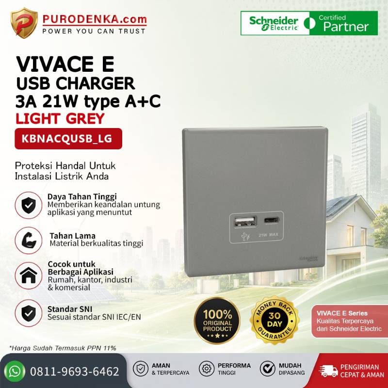 SCHNEIDER Vivace E USB Charger 3A 21W Type A+C Light Grey KBNACQUSB_LG