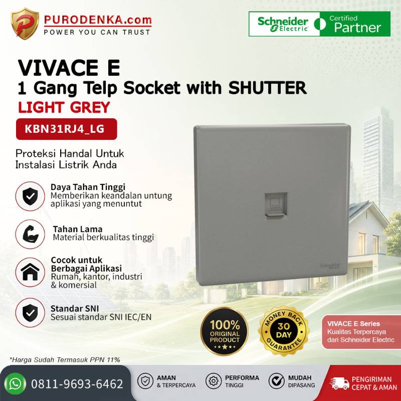 SCHNEIDER Vivace E Communication Outlet 1 Gang Telp Socket with Shutter Light Grey KBN31RJ4_LG