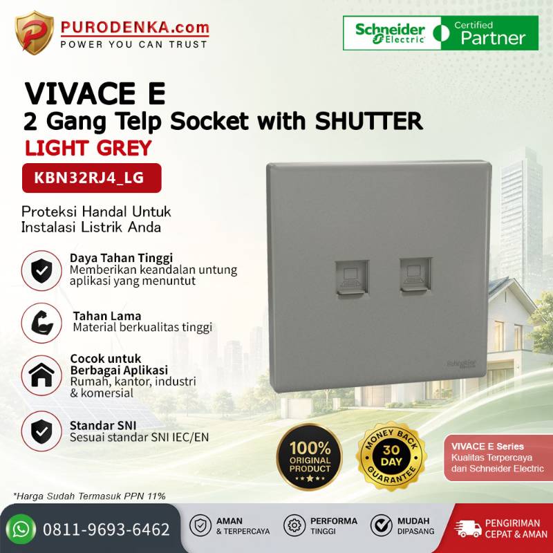 SCHNEIDER Vivace E Communication Outlet 2 Gang Telp Socket with Shutter Light Grey KBN32RJ4_LG