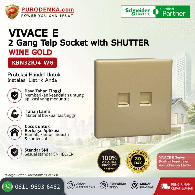 SCHNEIDER Vivace E Communication Outlet 2 Gang Telp Socket with Shutter Wine Gold KBN32RJ4_WG