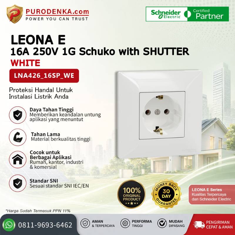 SCHNEIDER Leona E Stopkontak 16A 250V 1 Gang Schuko with Shutter LNA426_16SP_WE