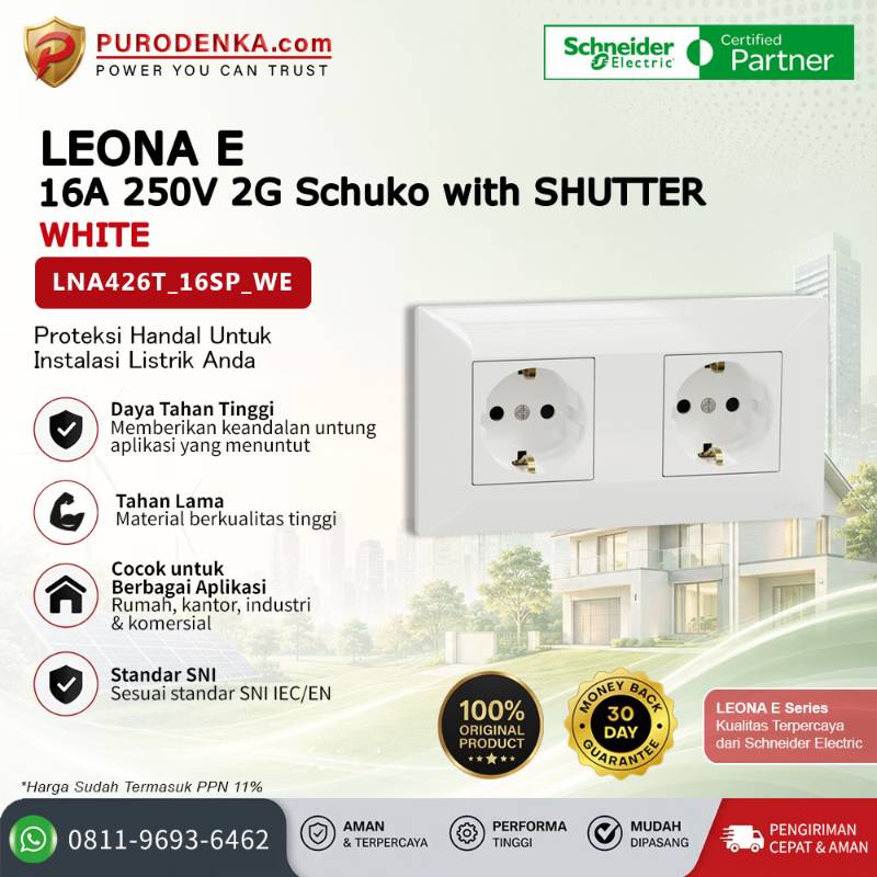 SCHNEIDER Leona E Stopkontak 16A 250V 2 Gang Schuko with Shutter LNA426T_16SP_WE
