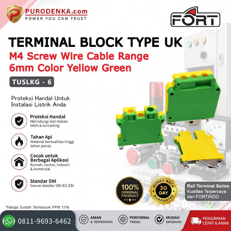 FORT Terminal Block Rail Type UK (Yellow-Green) M4 6mm TUSLKG 6