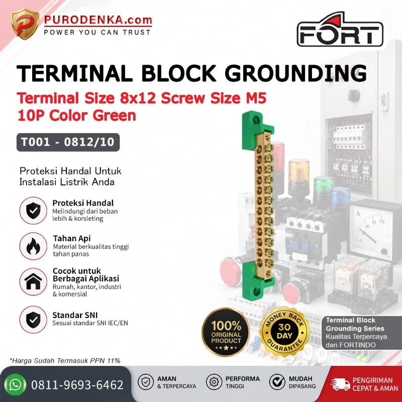 FORT Terminal Block Grounding 8x12 mm M5 10P Green T001-0812/10