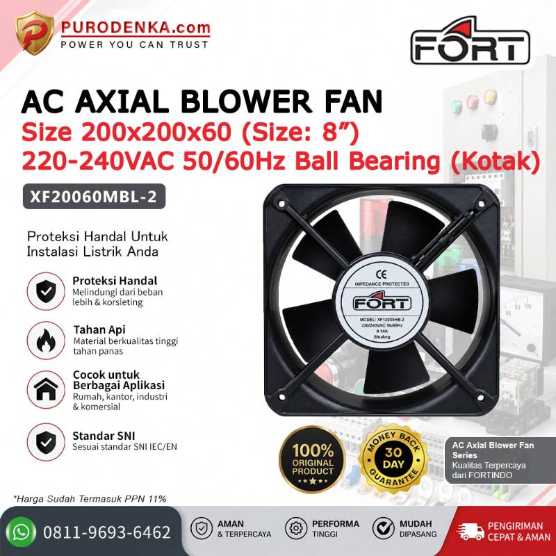 FORT AC-Axial Blower Fan 200x200x60 8" 220-240VAC 50/60Hz (Kotak) Model Ball Bearings XF20060MBL-2