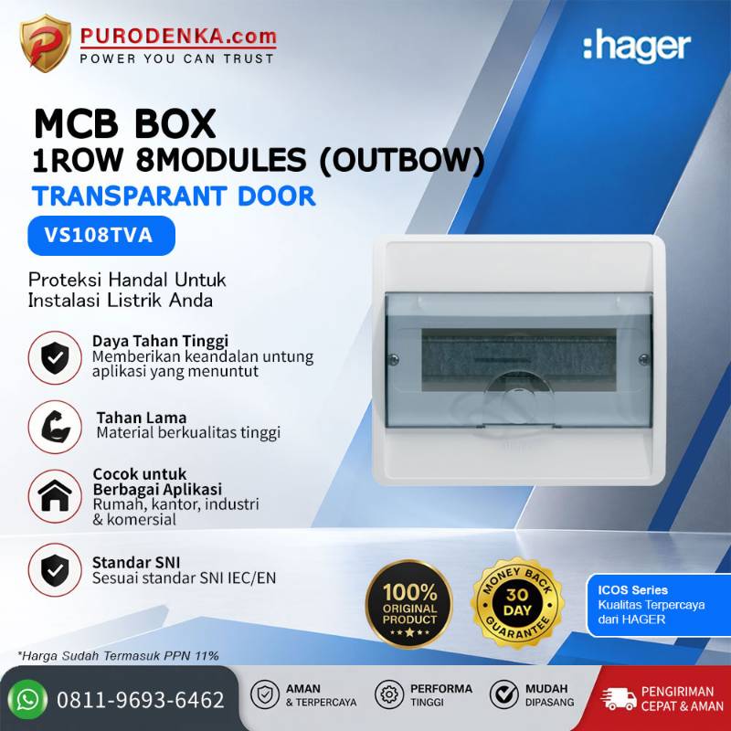 HAGER MCB Box Icos Series 1 Row 8 Modules (Outbow) Transparant Door VS108TVA