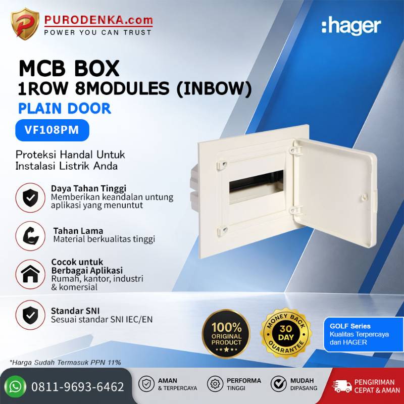 HAGER MCB Box Golf Series 1 Row 8 Modules (Inbow) Plain Door VF108PM