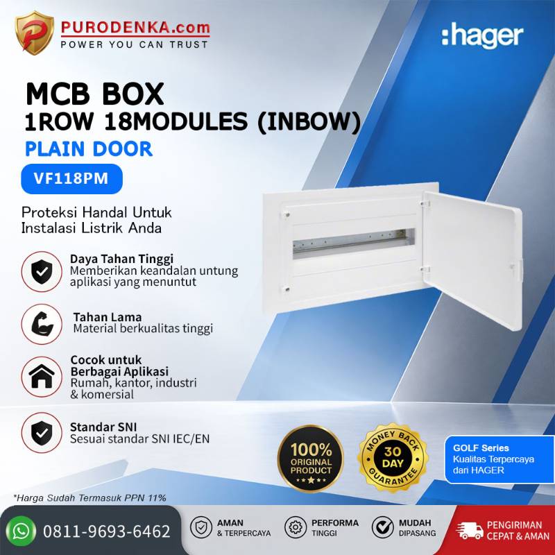 HAGER MCB Box Golf Series 1 Row 18 Modules (Inbow) Plain Door VF118PM