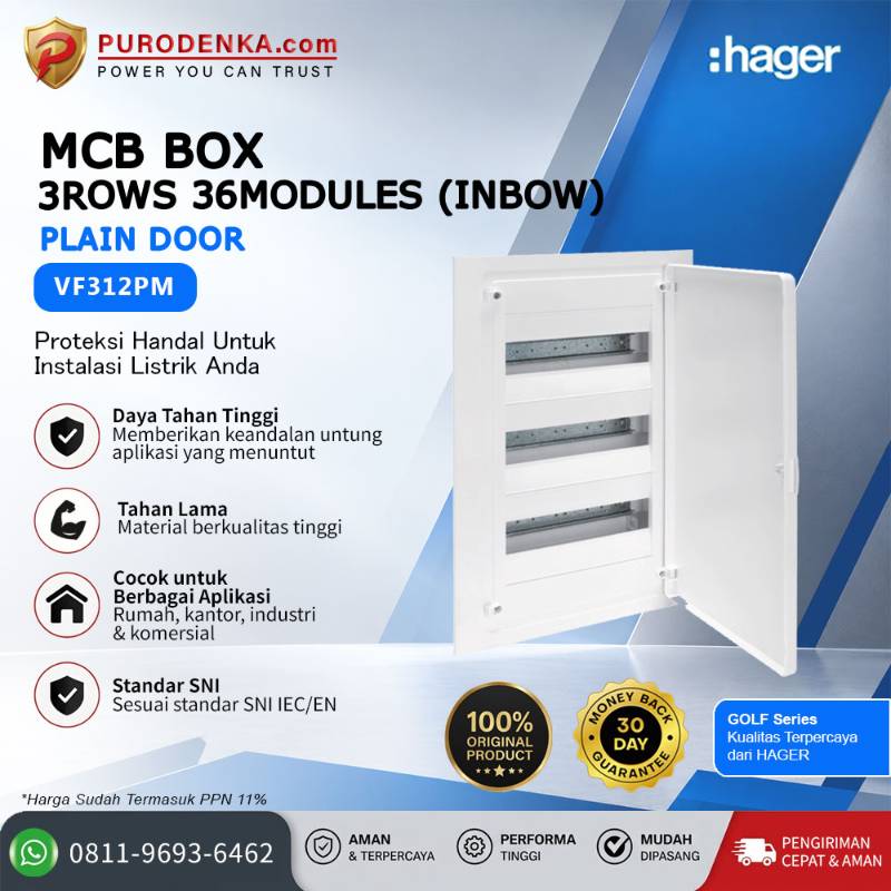 HAGER MCB Box Golf Series 3 Rows 36 Modules (Inbow) Plain Door VF312PM