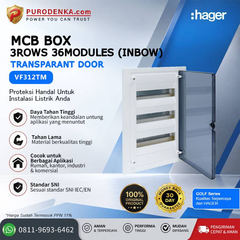 HAGER MCB Box Golf Series 3 Rows 36 Modules (Inbow) Transparant Door VF312TM
