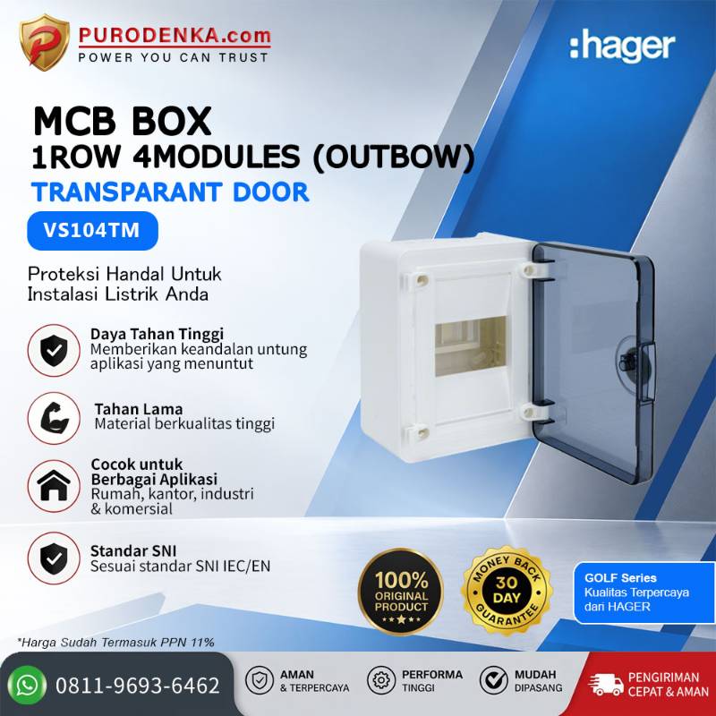 HAGER MCB Box Golf VS Series 1 Row 4 Modules (Outbow) Transparant Door VS104TM