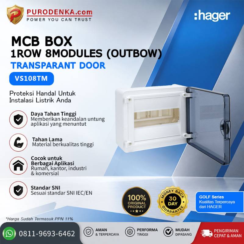 HAGER MCB Box Golf VS Series 1 Row 8 Modules (Outbow) Transparant Door VS108TM