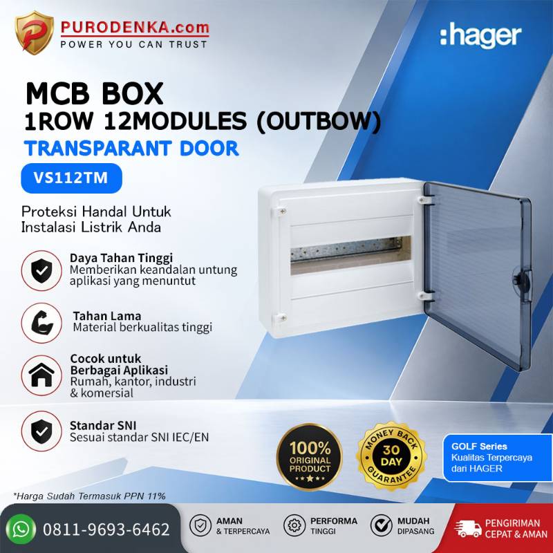 HAGER MCB Box Golf VS Series 1 Row 12 Modules (Outbow) Transparant Door VS112TM