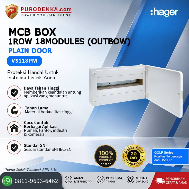HAGER MCB Box Golf VS Series 1 Row 18 Modules (Outbow) Plain Door VS118PM