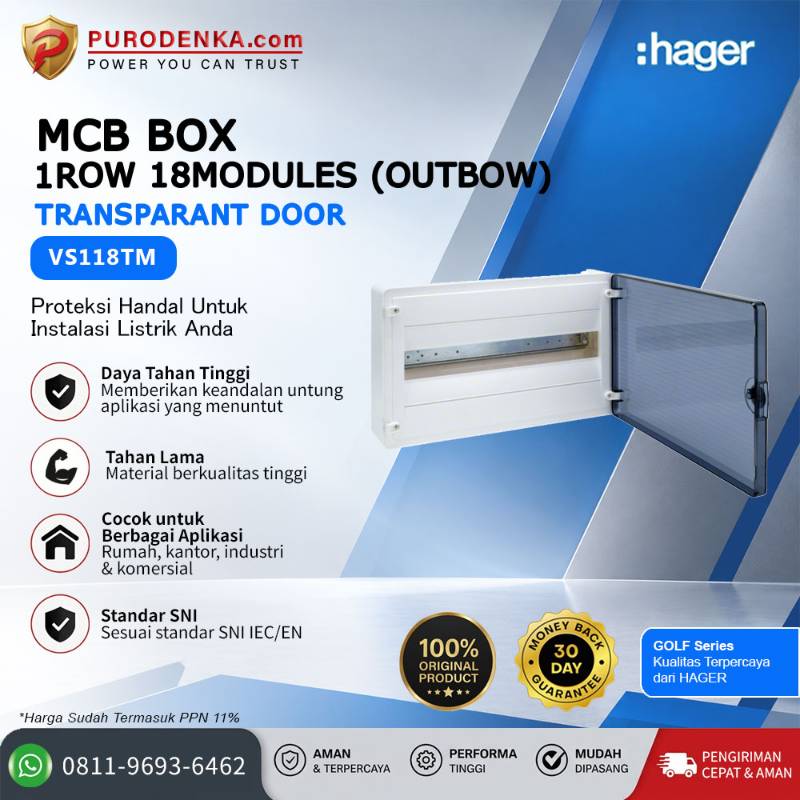 HAGER MCB Box Golf VS Series 1 Row 18 Modules (Outbow) Transparant Door VS118TM