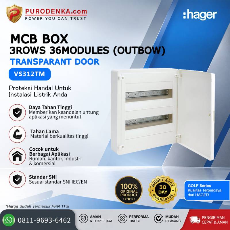 HAGER MCB Box Golf VS Series 3 Rows 36 Modules (Outbow) Transparant Door VS312TM