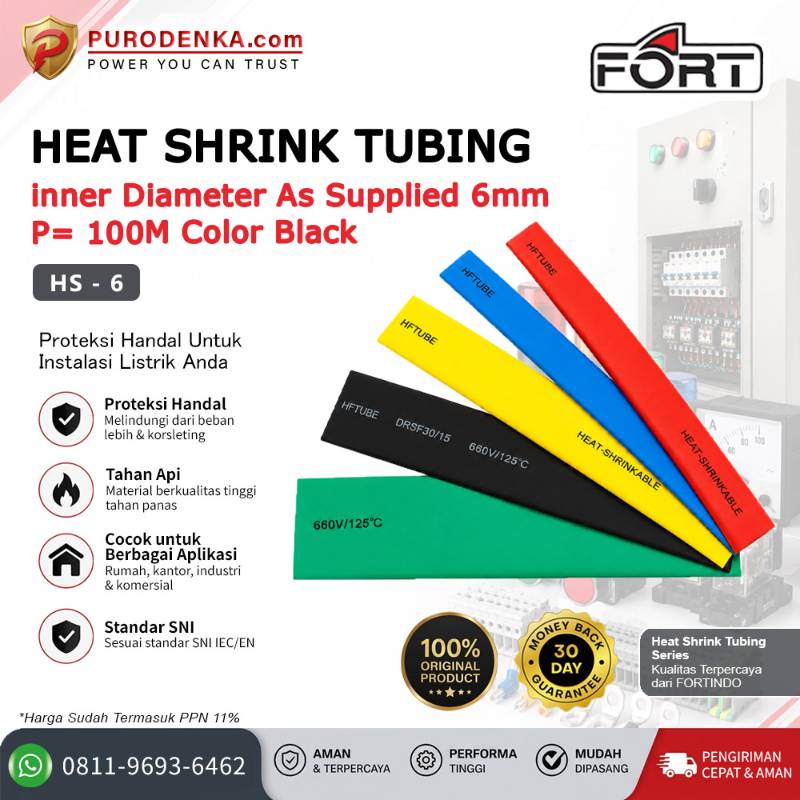 FORT Heat Shrink Tubing 1kV Hitam Dia. 6 mm @100 meter HS-6